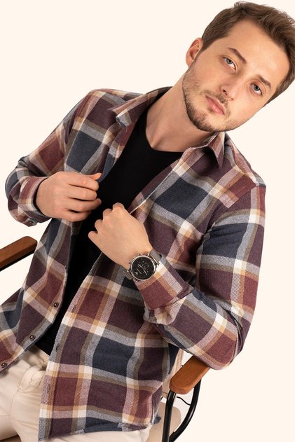 Lacivert Bordo Kareli Slimfit Kışlık Oduncu Gömlek