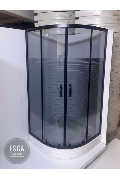 Oval Akrilik Duş Tekneli - FÜME Temperli Cam -TİNA Desenli SİYAH Duşakabin