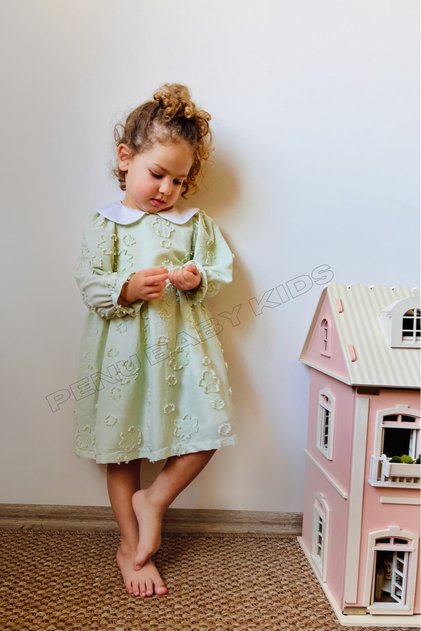 Green Seasonal Flower Figured Long Sleeve Baby Girl Dress