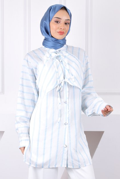 Ecru Striped Collar Detailed Shirt