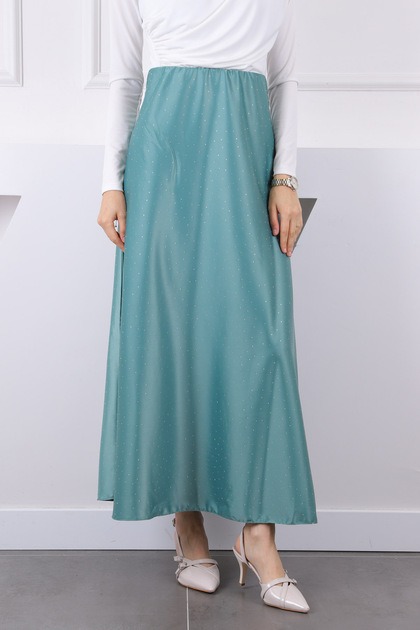 Mint Green Elastic Waist Stone Satin Skirt
