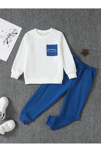 California Pocket Printed Cotton Kids Set White Sweatshirt Sax Jogger-Kids Crew Neck Winter