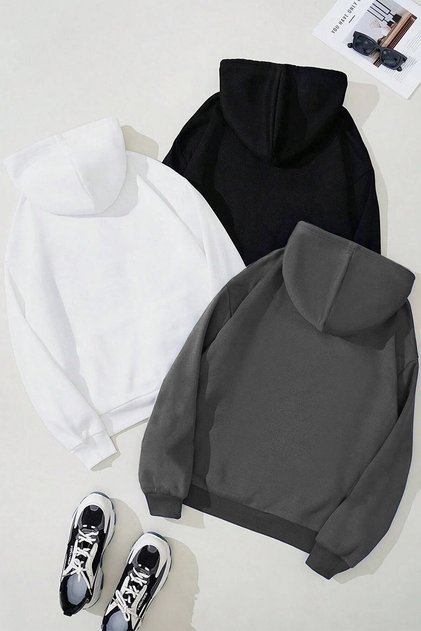 3-Piece Plain Basic Thick Winter Sweatshirt - Black and White Smoke Oversize Hood