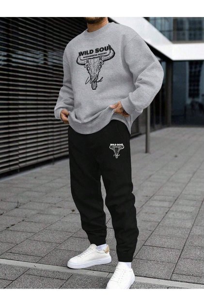 Bull Tracksuit Set Sweatshirt Jogger - Top Gray Bottom Black Oversize Raised Crew Neck