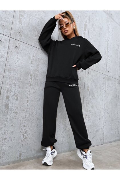 Black Hooded Combination Bottom Top Tracksuit Set private