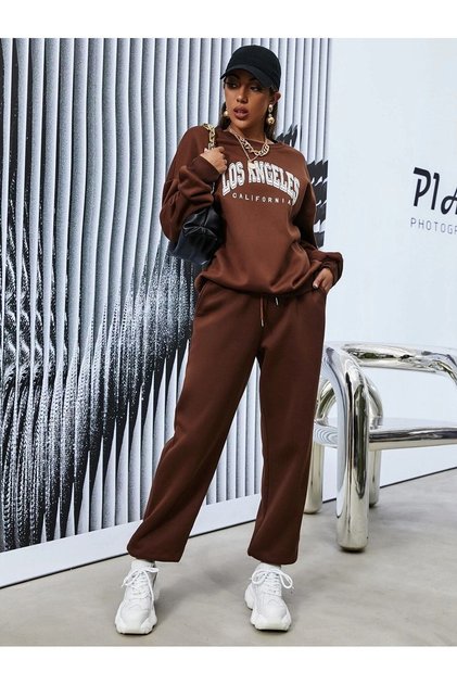 Los Angeles Tracksuit Set Sweatshirt Jogger - Brown Printed Oversize Ribbed Crew Neck