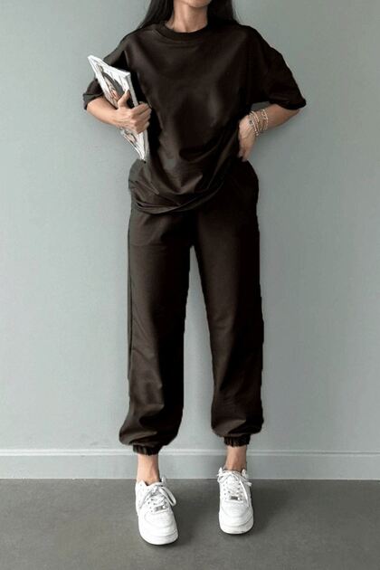 Basic T-Shirt Sweatpants Jogger - Brown Straight Bottom Top Tracksuit Set Oversize Crew Neck