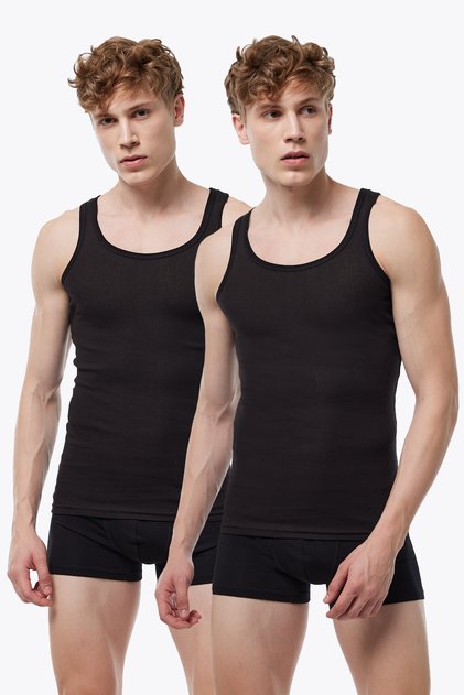 Men's 2 Pack Black 100% Cotton Summer Mesh Undershirt 2m081