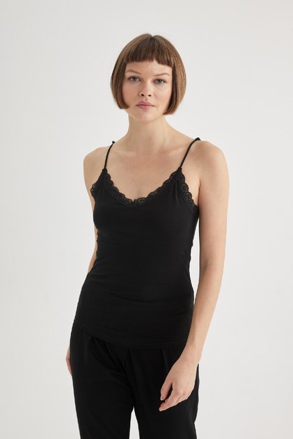 Regular Fit Lace Detailed Thin Strap Cotton Black Inner Undershirt-Fall in Love Y5360Az24Sp