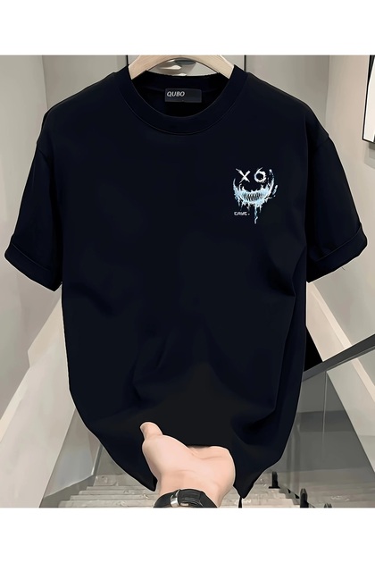 qubo Unisex Oversize bedrucktes Baumwoll-T-Shirt mit Rundhalsausschnitt und kurzen Ärmeln SCHWARZ