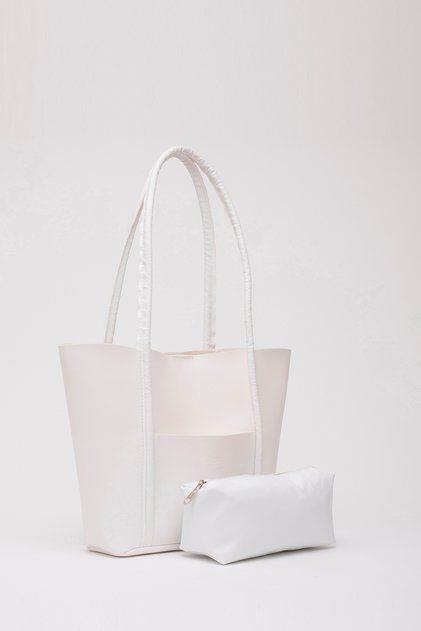 White Shk80 Faux Leather Large Size Shoulder Bag with Front Pocket and Snap Fastener Makeup Bag