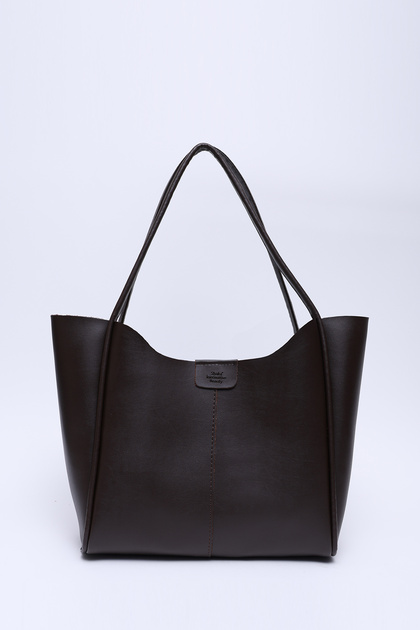 Brown Color Shk76 Large Size Women's Hand and Shoulder Bag with Snap Fasteners, Wick Straps and Faux Leather Makeup Bag