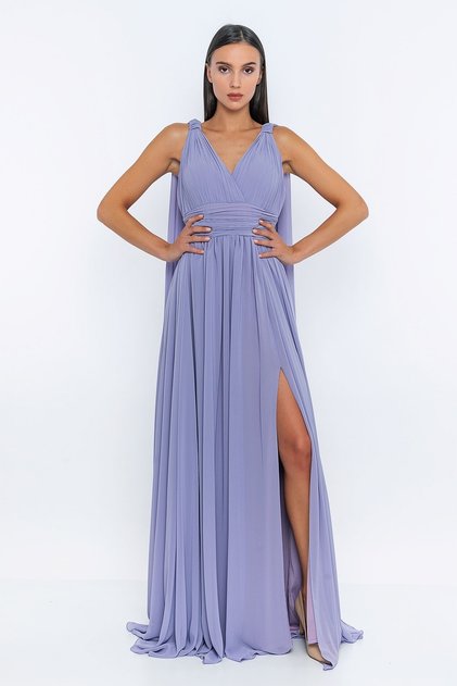 Slit Evening Dress with Cape Detail on the Shoulder