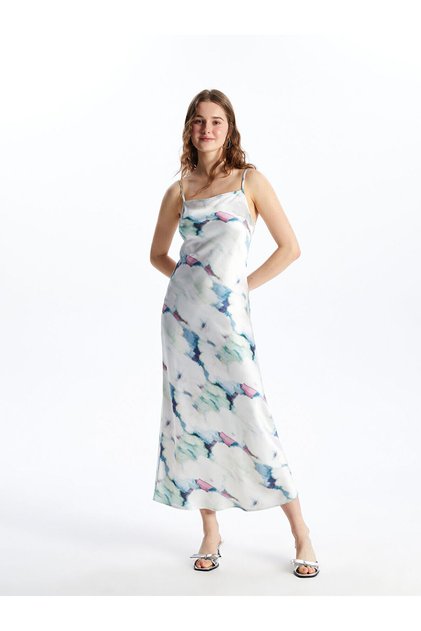 Square Neckline Patterned Satin Dress with Rope Straps (S5)