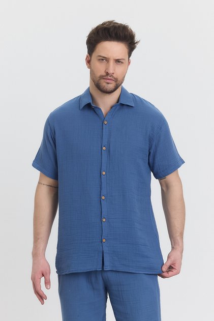 Men's Shirt - Short Sleeve Shirt with Muslin Collar - 4040