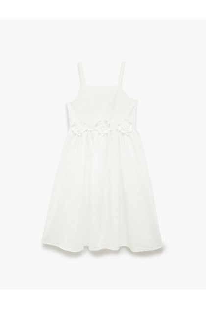 White Girls' Cotton Brode Detailed Pleated Strap Dress