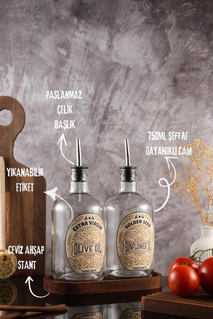 750ML Ahşap Stantlı Elite Serisi Şeffaf Cam Zeytinyağı ve Ayçiçek Yağı Şişesi Seti
