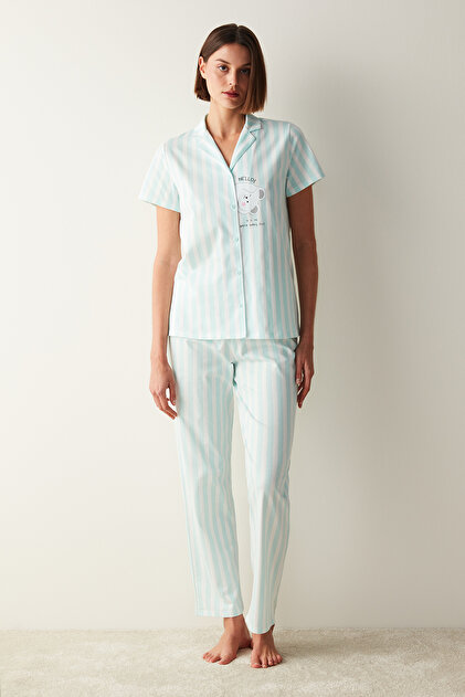 Penti Cuteness Striped Mint Green Shirt Pants Pajama Set- Trendyol