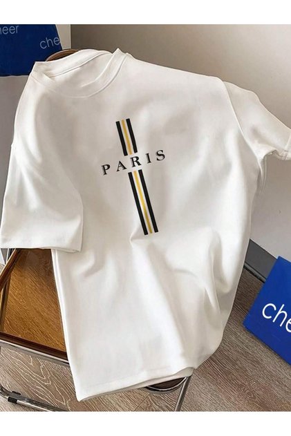 Paris Three Line Single Jersey T-Shirt – Weißes, übergroßes, kurzärmliges T-Shirt mit Rundhalsausschnitt