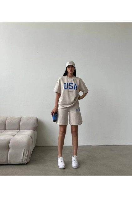 USA T-Shirt Shorts - Bottom Top Team Shorts T-Shirt Combo Printed Crew Neck