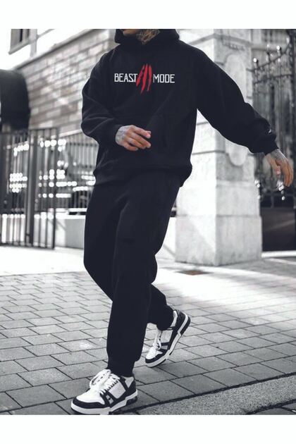 Set trening Beast Mode Hanorac Jogger - Negru Imprimat Oversize Glugă