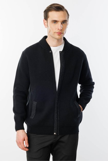 Men's Pique Woven Zippered Pocket Knitwear Coat Black