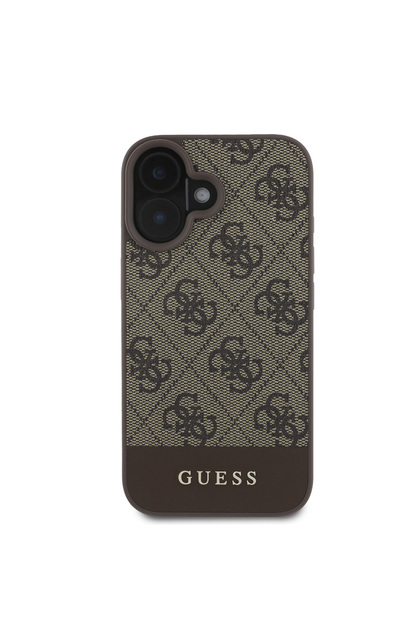 iPhone 16 Uyumlu Kılıf Guess Lisanslı PU Deri Şerit Logo Dizaynlı Kapak Kahverengi