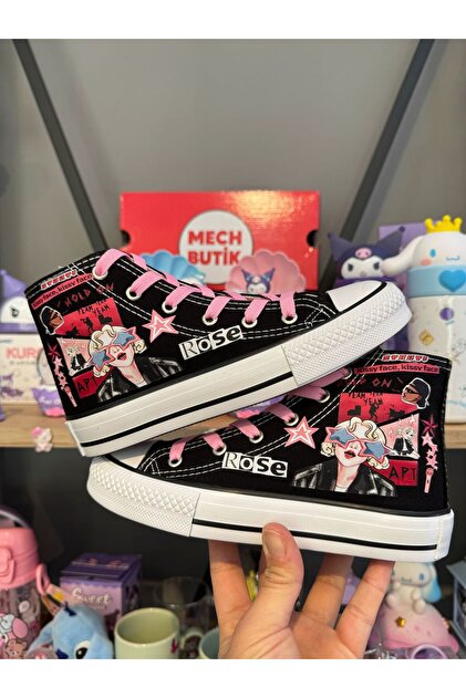 ブラックピンク MECH BUTİK Blackpink Rose Baskılı Siyah Bilekli Kız Çocuk Spor