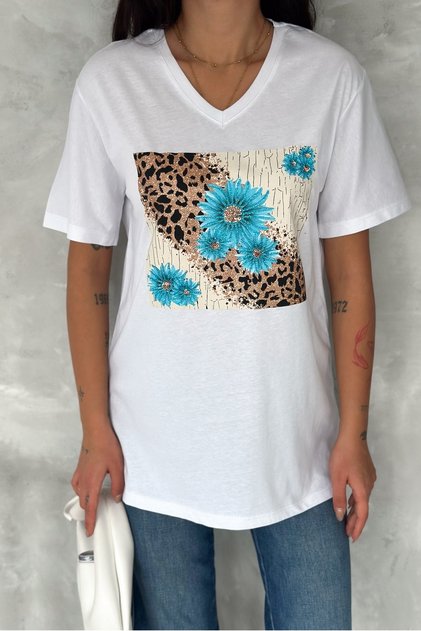 Women's White V-Neck Large Size Floral Sequin Sequin Embroidered 100% Cotton T-Shirt