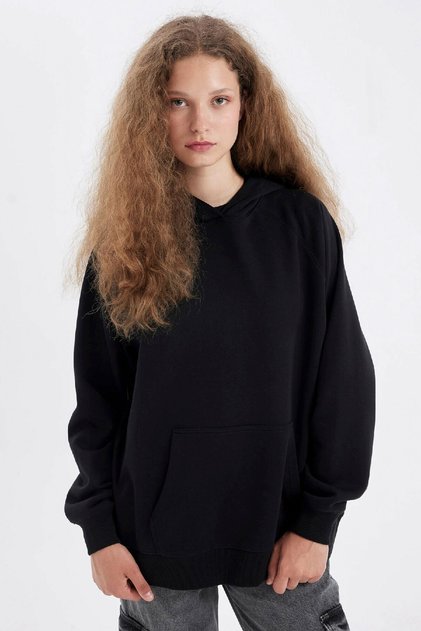 Oversize Wide Fit Hooded Thick Basic Plain Sweatshirt with Kangaroo Pocket C7805Ax24Wn