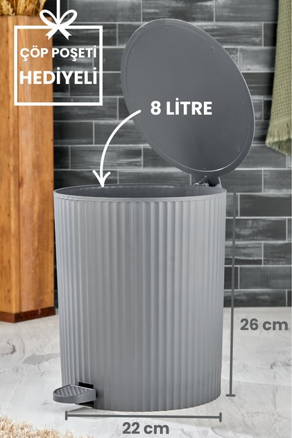 ESTE - Yuvarlak Pedallı Çöp Kovası - Çizgili Kapaklı - Banyo Mutfak