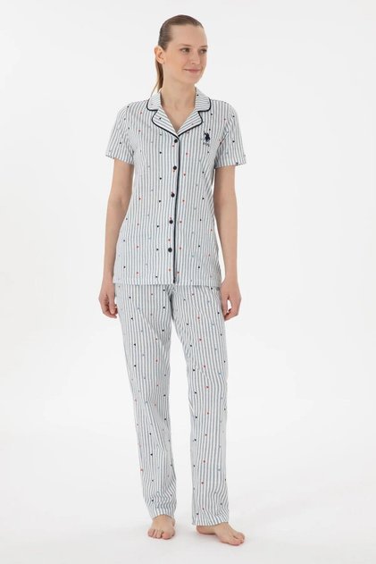 Navy Blue Heart-Patterned Striped Button-Down Shirt Pajama Set U.S. Polo Assn. 20059