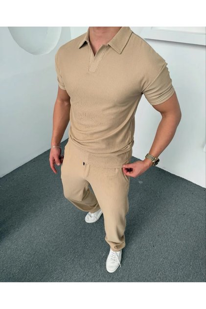 Men's Beige Corded Polo Neck T-Shirt and Elastic Waist Jogger Sweatpants Slim Fit Set