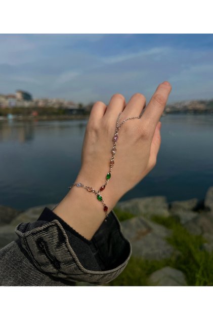 Colorful Crystal Stone Hand Accessory with Silver Background / Shahmeran