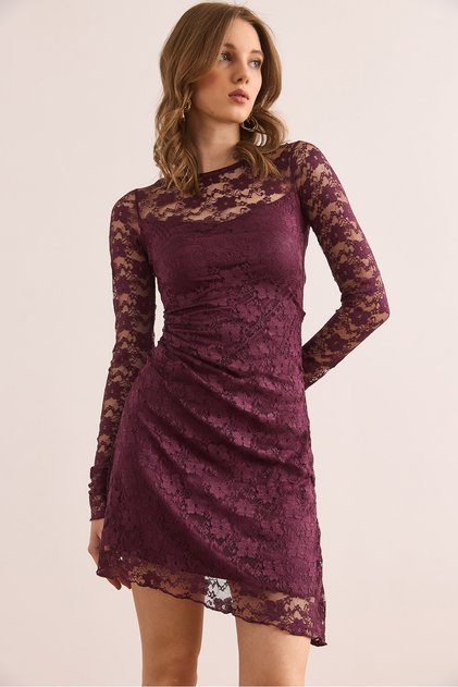 Women's Plum Lined Draped Detailed Lace Dress Elb- 19002367