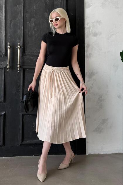 Beige Pleated Midi Length Women's Skirt Mg2393