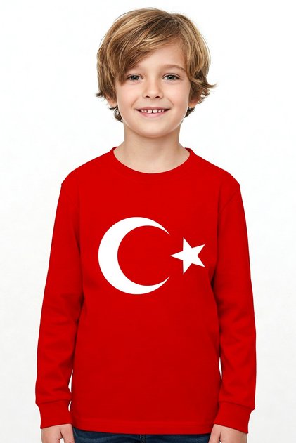 Türk Bayrağı Ay Yıldız Baskılı Kırmızı Uzunkol Tişört (23 Nisan 19 Mayıs)