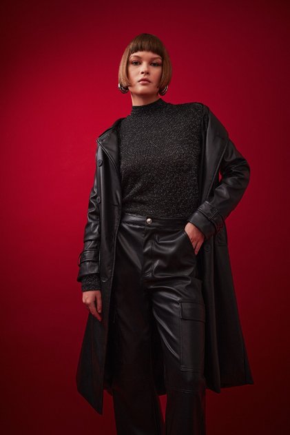 Slim Fit Dar Kesim Balıkçı Yaka Simli Kumaş Uzun Kollu Tişört B2065ax23au