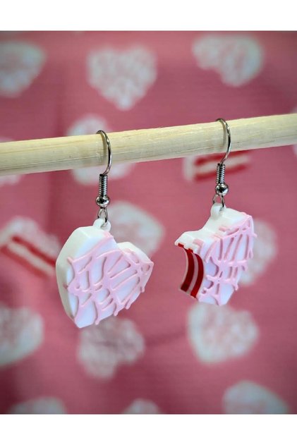 Small Valentine's Day Pink White Heart Cake Themed Plastic Earrings with Colorful Figures - Lightweight and Fun