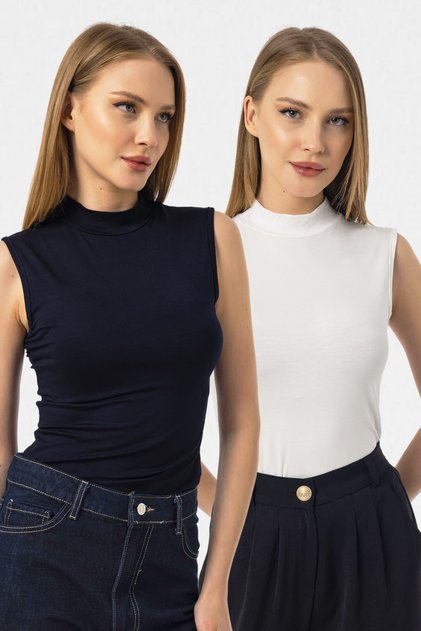 White Navy Blue 2-Piece Sleeveless Bodysuit