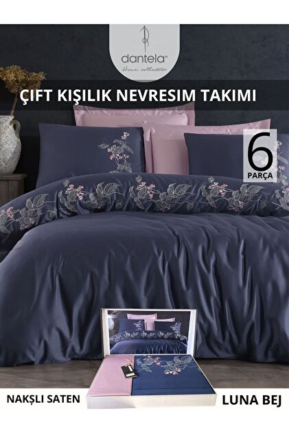 Dantela Efra lacivert Nakışlı Pamuk Saten Nevresim Takımı 6 parca