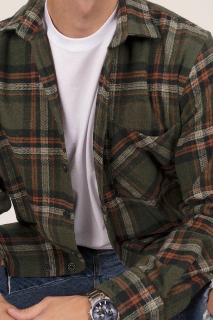Army Green Orange Striped Oversize Thick Lumberjack Shirt with Gift Box