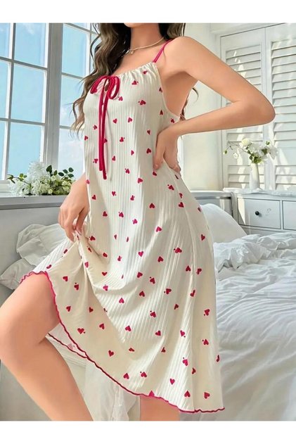 Heart Patterned Ribbed Strap Women's Nightgown