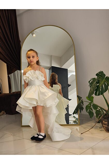 Shne dresses Children's Junior Sweep Train Satin Off White Evening Dress  Graduation Dress- Trendyol