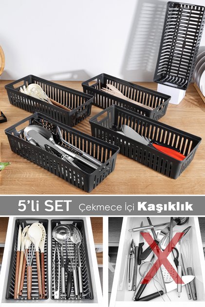 5'li Modüler Kaşıklık Seti - Mutfak Düzenleyici Çekmece İçi Organizer Bıçaklık Kepçelik Siyah