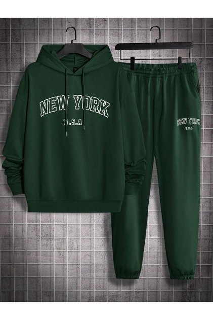 New York U.S.A Tracksuit Set Sweatshirt Jogger - Green Printed Oversize Ribbed Hoodie