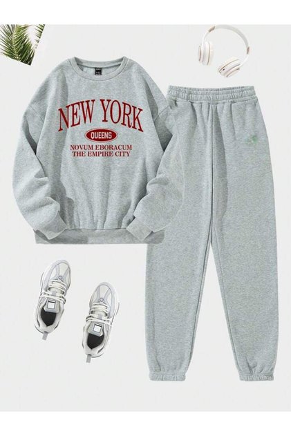 New York Queens Tracksuit Set Sweatshirt Jogger - Gray Printed Oversize Raised Crew Neck