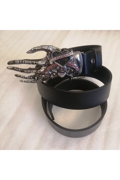 Unisex otantik hakiki dana derisi siyah gümüş sol el kuru kafa kalpli kovboy tokalı kemer Tayland