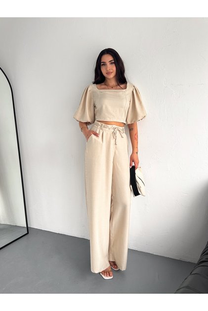 Beige Square Collar Crop Blouse Bpl Leg Trousers Double Sofia Linen Set