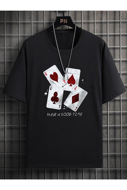 Card Design T-shirt - black, Printed, Crew Neck, Printed, Short Sleeve, Boyfriend, Loose